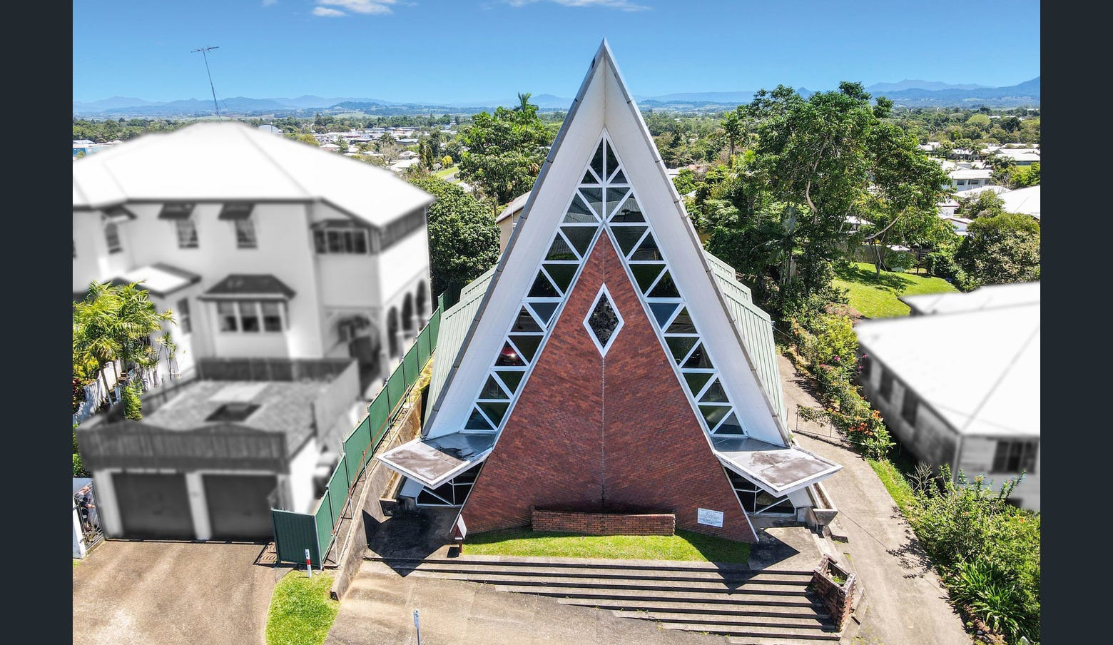 A red brick church with a steep pitched roof