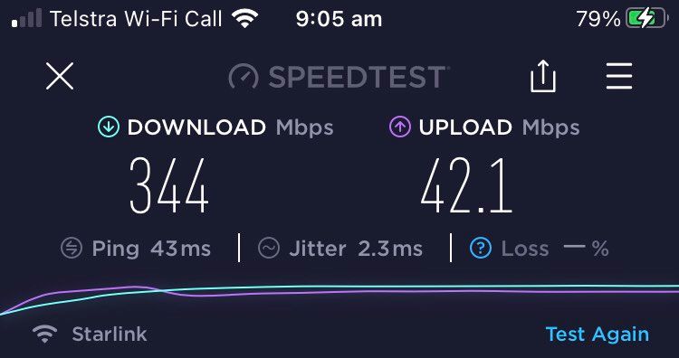 A screenshot of a display showing the speed of James de Salis's Starlink connection