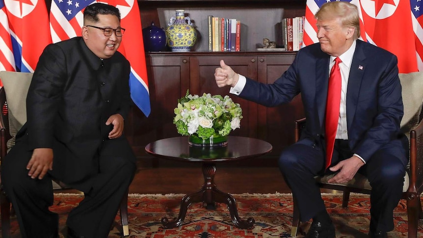 Donald Trump gives the thumbs up with Kim Jong-un