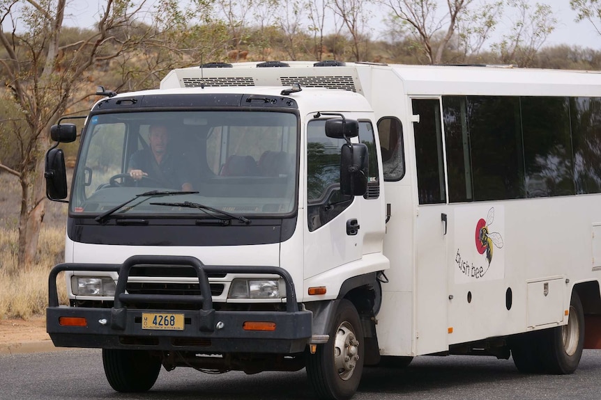 A white bus with 'bush bee' written on the side of it is parked in front of a small hill.