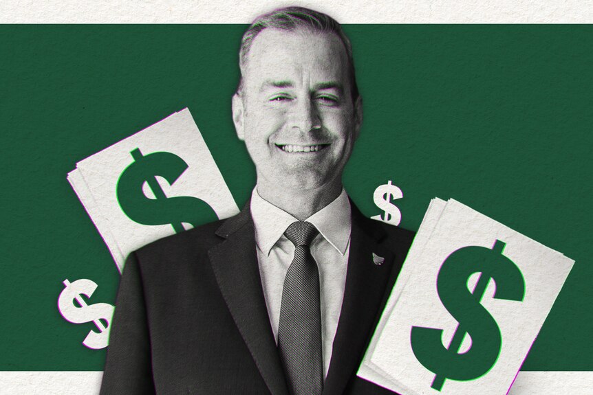 A man smiles surrounded by dollar symbols.