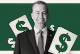 A man smiles surrounded by dollar symbols.