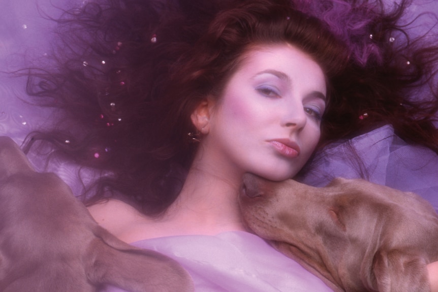 Kate Bush lies on the ground with two dogs and sparkles in her hair on the cover of Hounds Of Love