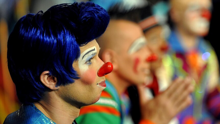 A clown watches proceedings at the Ringling Bros and Barnum & Bailey clown auditions.