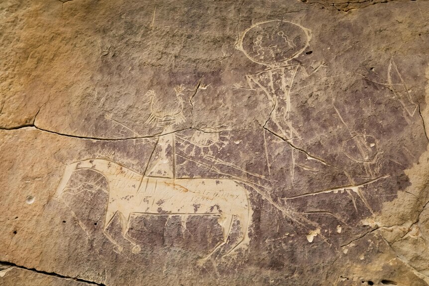 A picture of Native American traditional rock art depicting a horse and its rider 