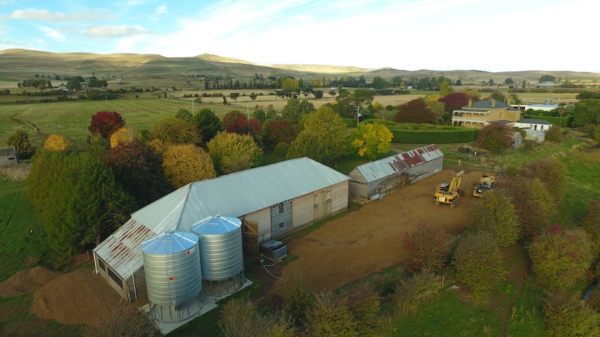 An aerial view of the distillery buildings at Lawrenny Estate in Tasmania.