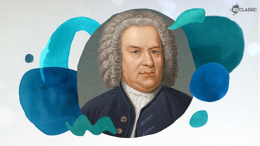 An image of composer Johann Sebastian Bach with stylised musical notation overlayed in tones of teal.
