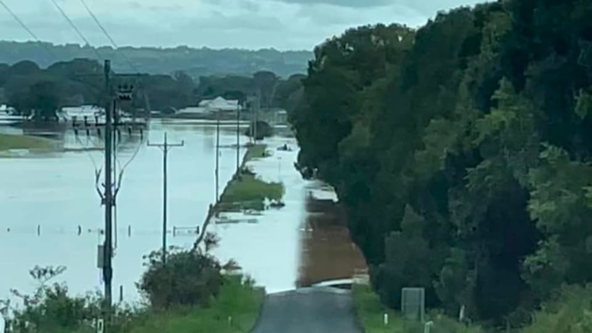 A flooded road from a high point.