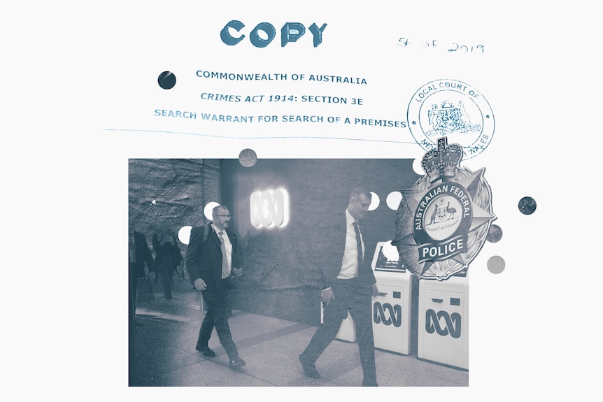 A collage of images including a photo of AFP officers entering an ABC building, a copy of the search warrant, and the AFP logo.