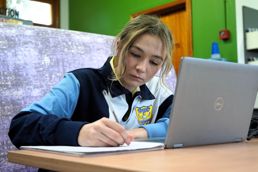 a student studing on her laptop, and writing notes, at a library desk