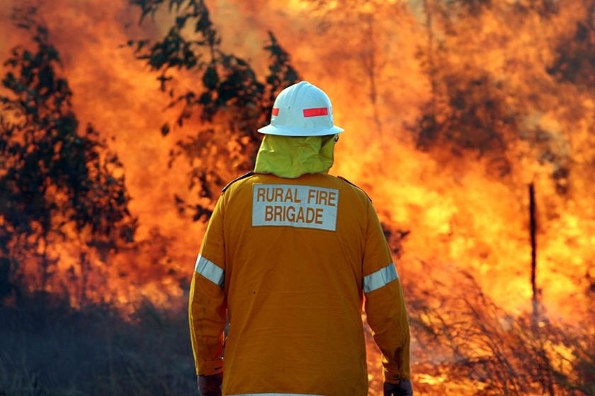 Volunteer Qld firefighter from the Rural Fire Brigade standing in front of bushland on fire.