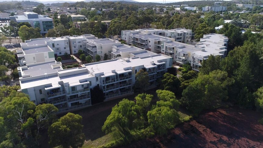 A drone image of the Elara apartment complex.