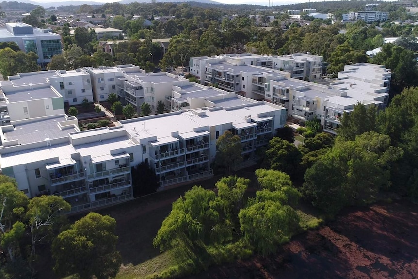 A drone image of the Elara apartment complex.