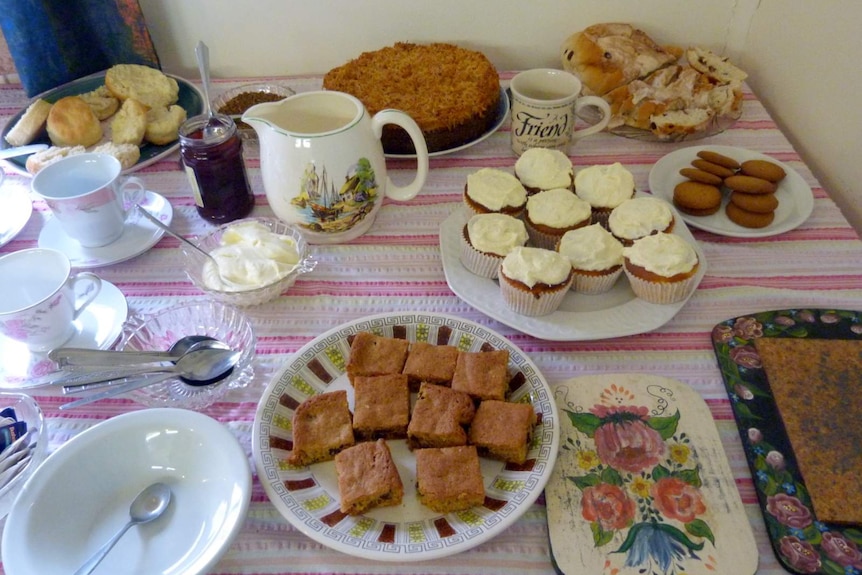 A table with morning tea set out of slices, cakes and biscuits