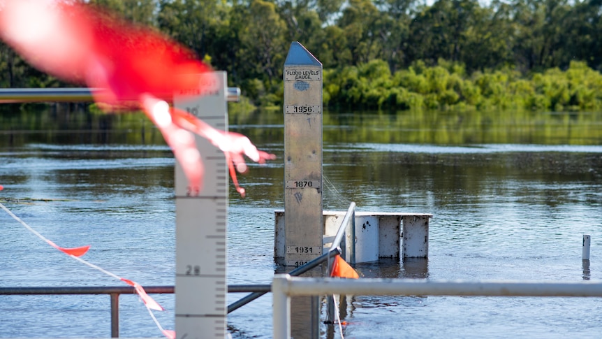 A marker on the riverfront at Renmark shows the water has reached up to 1974 flood levels