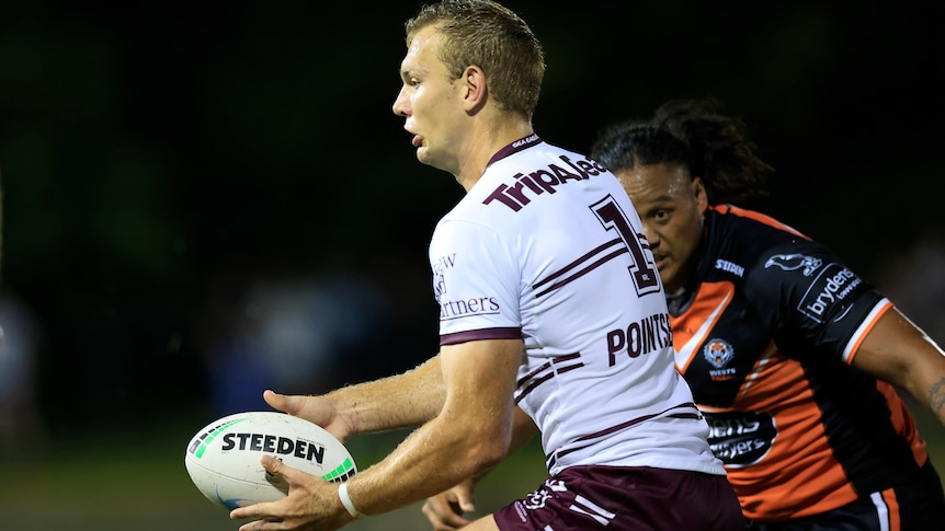 Tom Trbojevic looks to pass in the trial game against the Tigers 