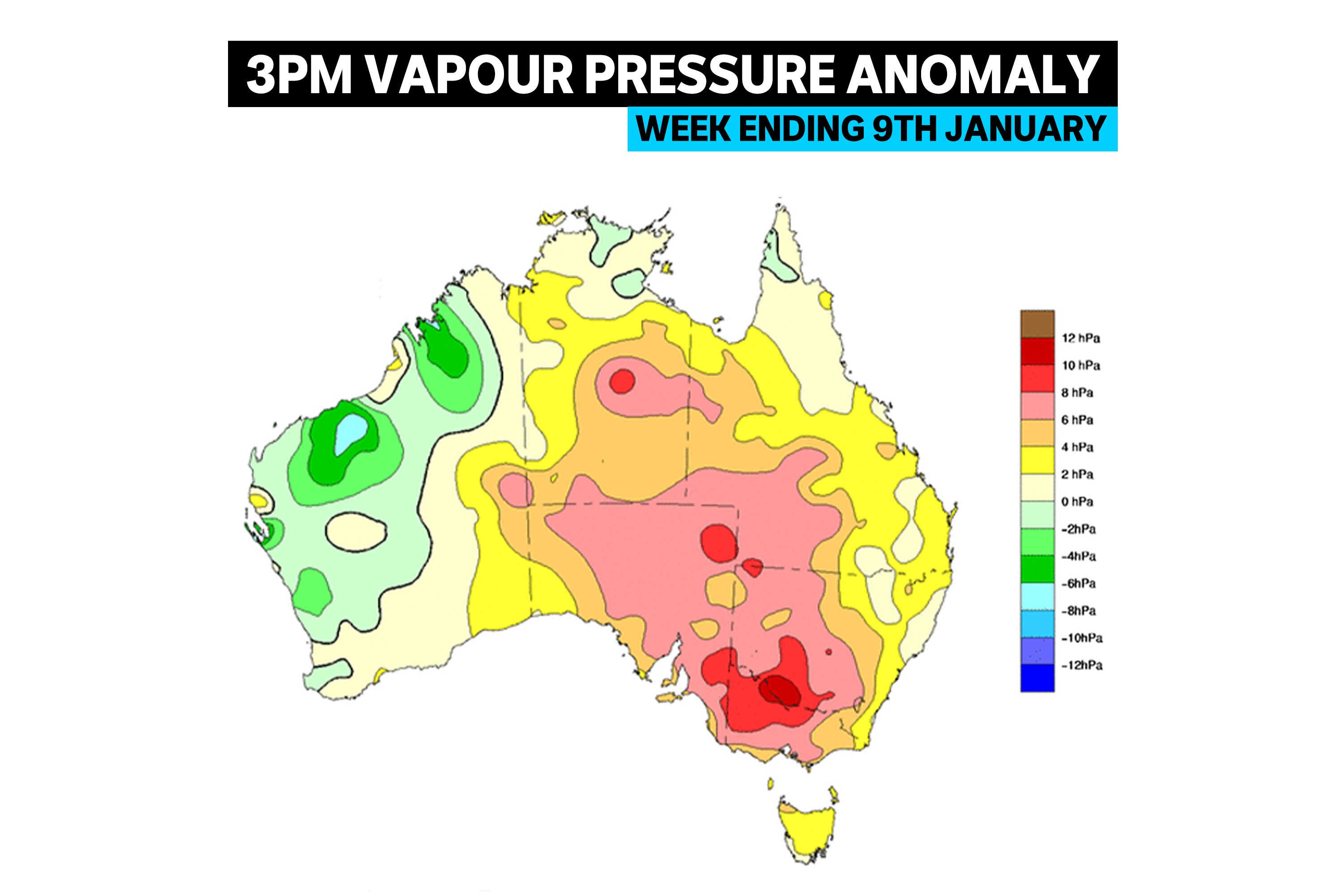 A map of Australia showing vapour pressure anomaly. 