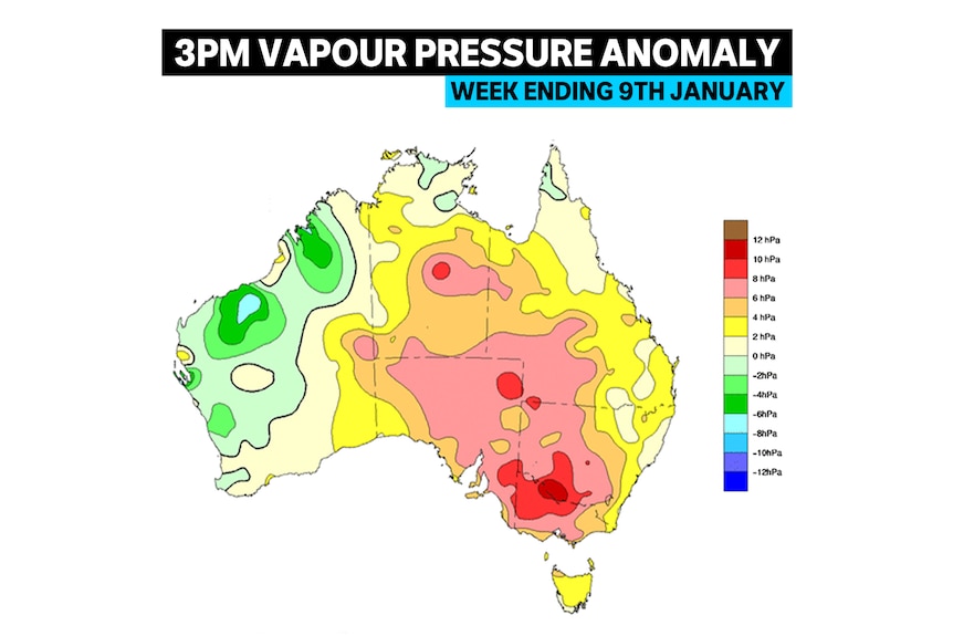 A map of Australia showing vapour pressure anomaly. 