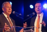 Mark McGowan Colin Barnett at a Christian meeting, both at podiums, composite photo.