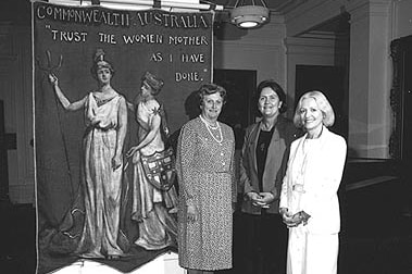 Lady Florence Bjelke-Petersen (pictured left) stands with senator Margaret Reynolds and senator Kathy Sullivan in 1988.