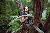 A woman sits in an upturned tree, surrounded by forest
