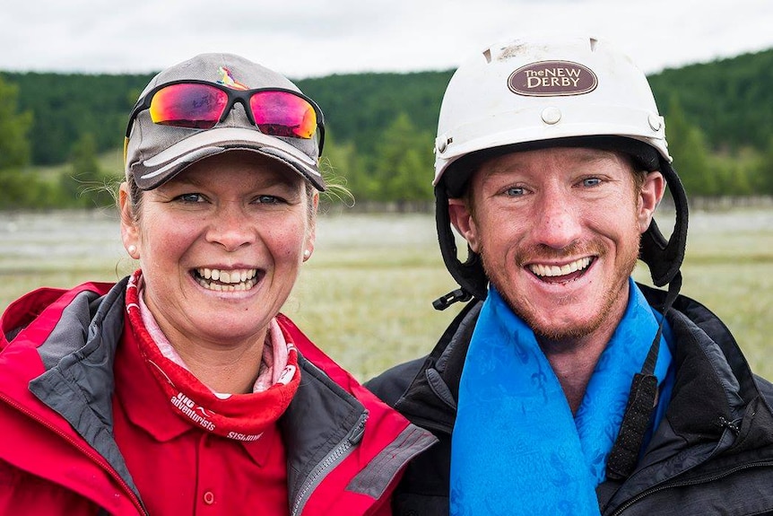 Mongol Derby 2014 winner Sam Jones with William Comiskey