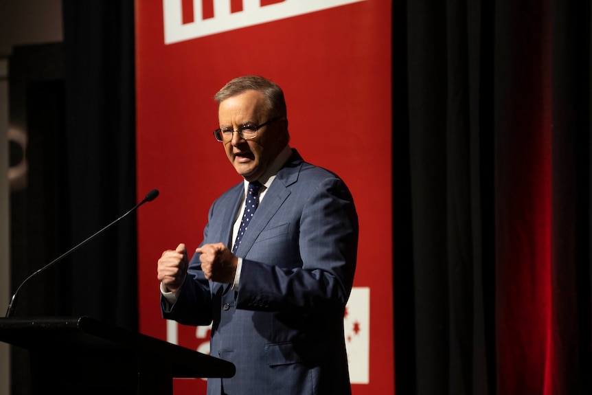 Federal Labor leader, Anthony Albanese stands fists clenched at election launch