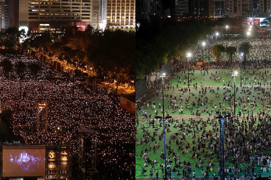A photo combination shows packed crowds in a large park in 2019 and fewer people spaced across the park in 2020.