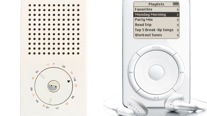 A Braun T3 transistor radio and the classic Apple iPod.