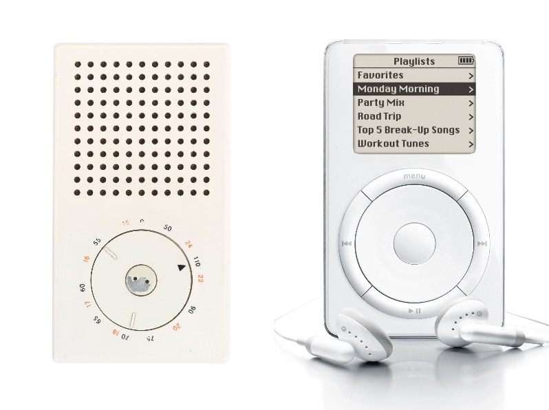 A Braun T3 transistor radio and the classic Apple iPod.