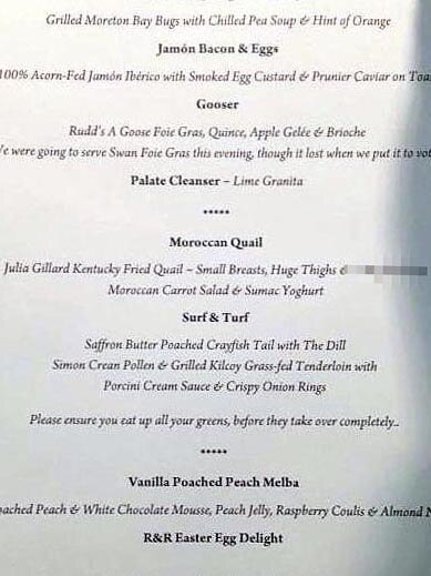 Menu from a Liberal fundraising dinner for Mal Brough.