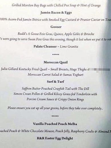 Menu from a Liberal fundraising dinner for Mal Brough.