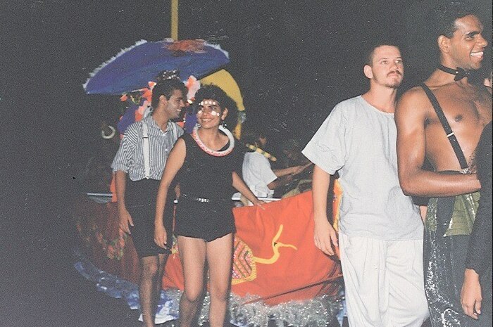 Keith Ball, Ray Delaney, unknown, Lewis Lampton march in the 1988 Sydney Gay and Lesbian Mardi Gras.