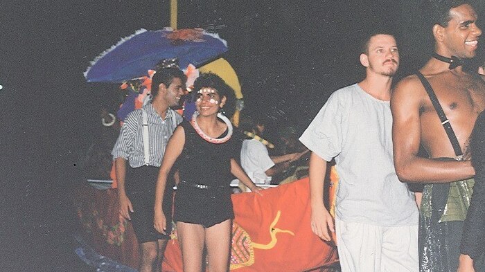 Keith Ball, Ray Delaney, unknown, Lewis Lampton march in the 1988 Sydney Gay and Lesbian Mardi Gras.