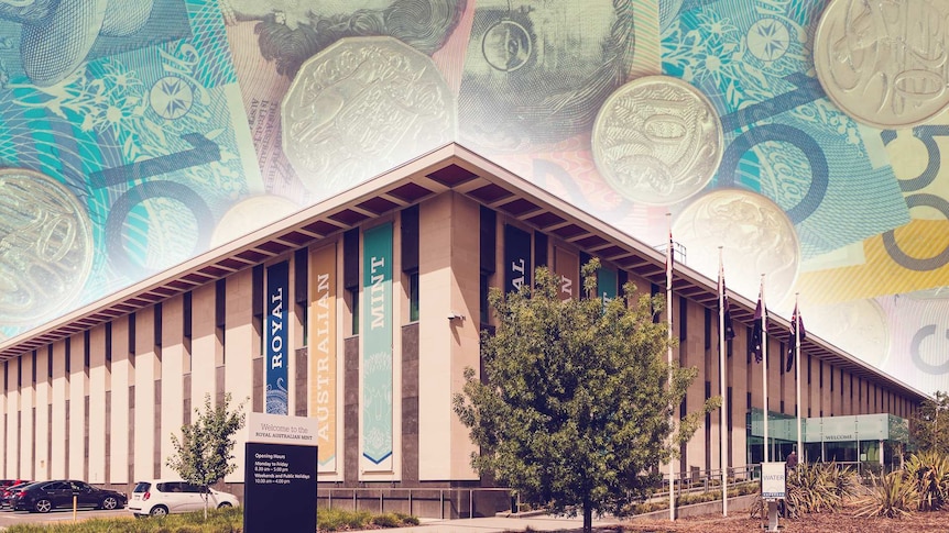 The Australian Mint building with various Australian coins and notes in the background.