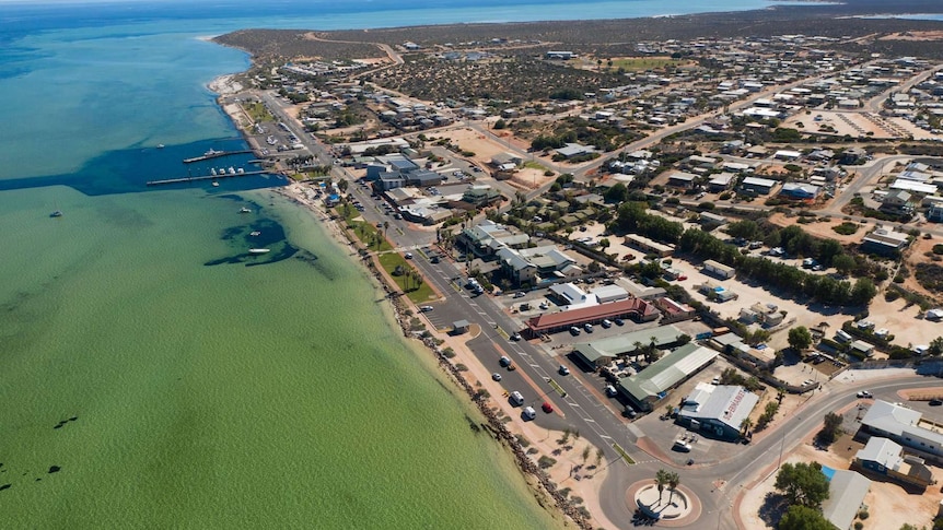 An aerial photo of the townsite of Denham in the Shark Bay World Heritage Area