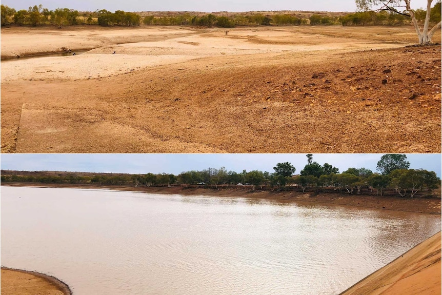 Before and after images showing how recent rain has partially filled Lake Mary Ann near Tennant Creek.