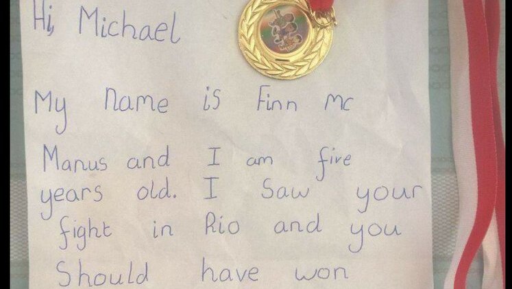 Finn McManus, 5, sends encouraging letter to boxer Michael Conlan after Olympic defeat.
