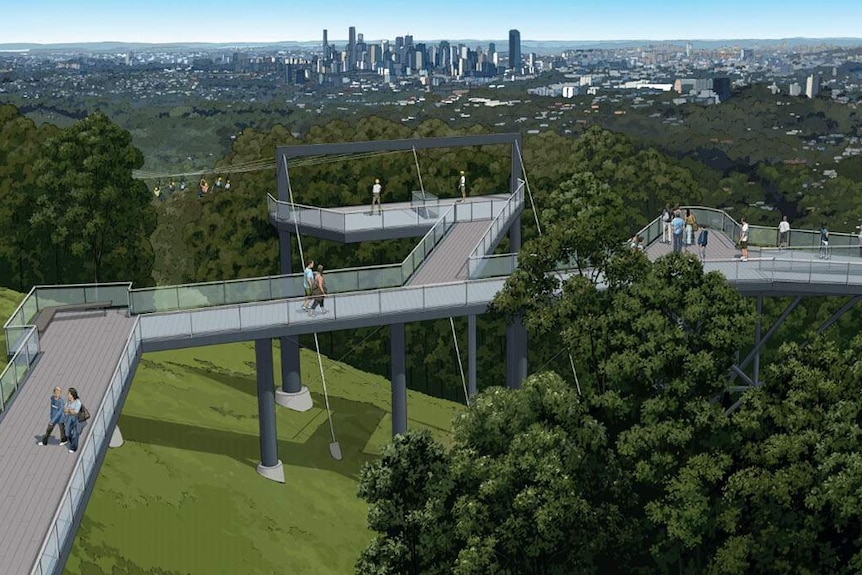 Artist's impression of megazip tour departure and lookout planned for Mt Coot-tha in Brisbane.