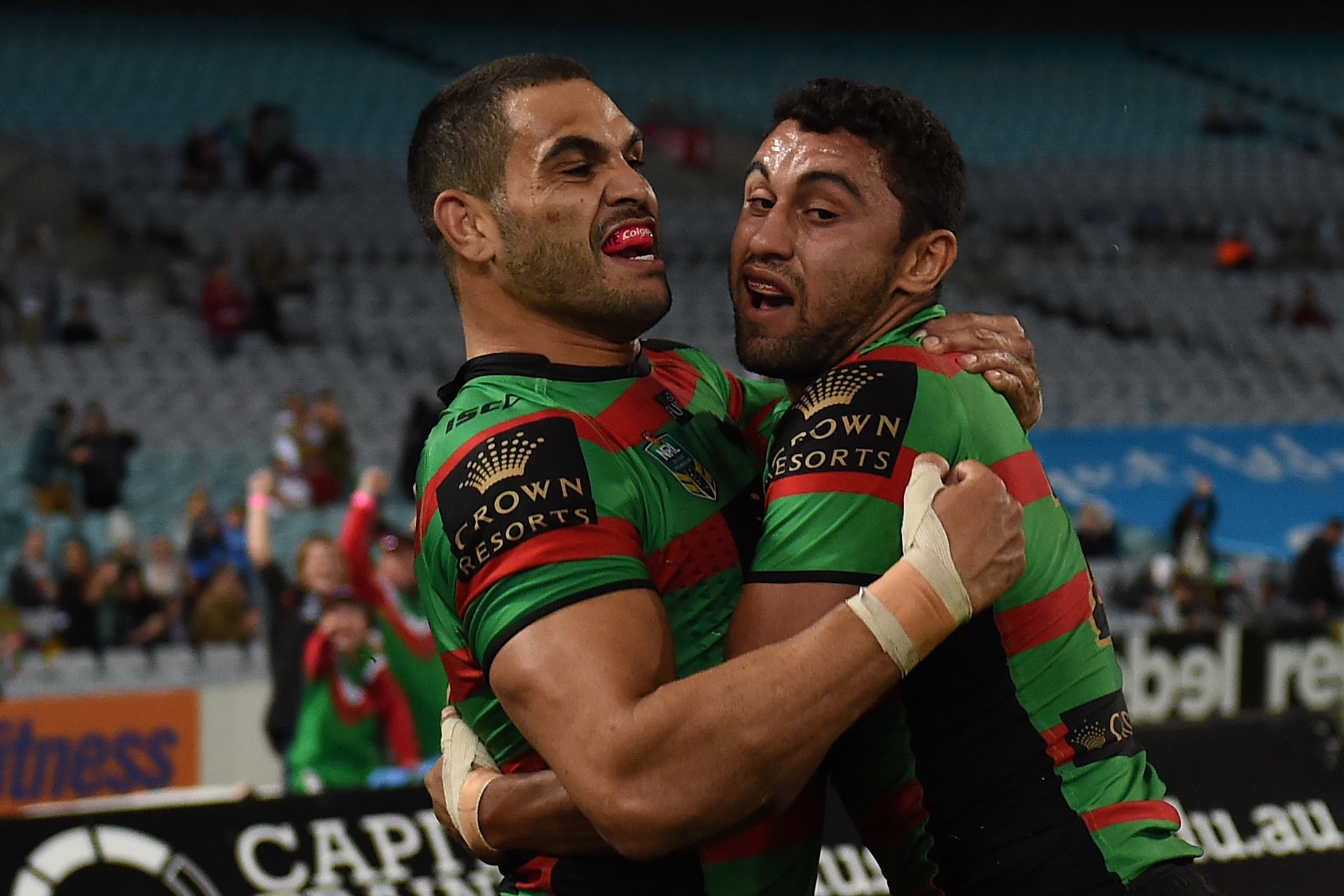 Alex Johnston and Greg Inglis celebrate together after scoring a try