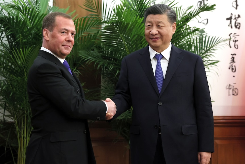 Dmitry Medvedev (left) shakes hands with Chinese President Xi Jinping.