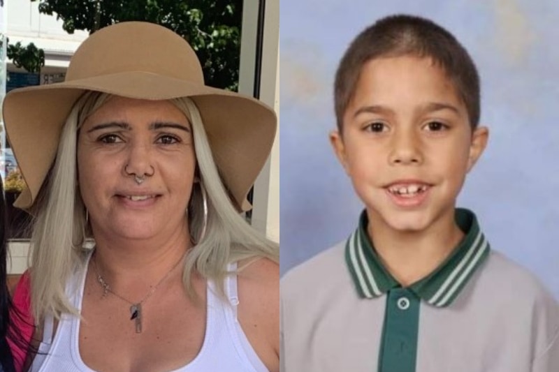 A composite image of a woman with blonde hair wearing a hat ont he left, and a young boy in school uniform on the right