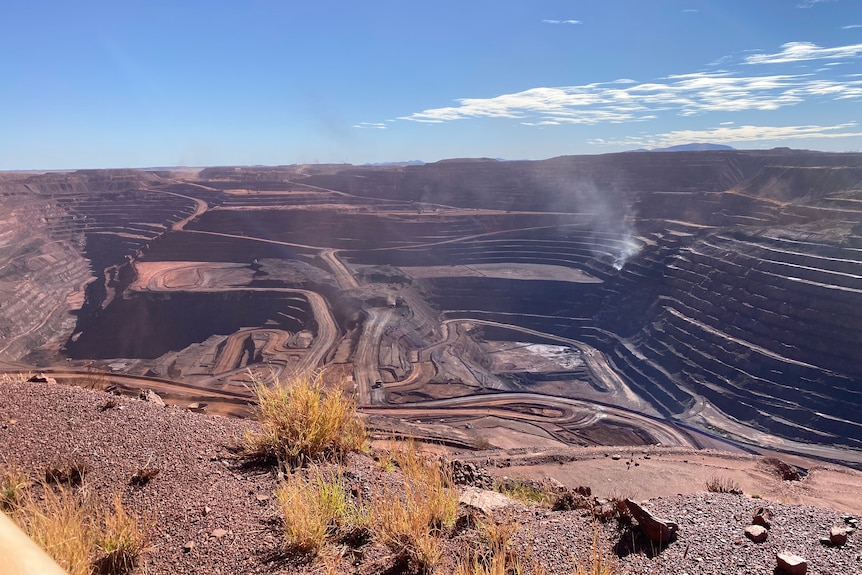 View from above looking down into the Mt Whaleback iron ore open cut mine.