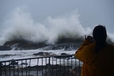 The back of a woman taking a photo of large wave crashing against rocks.