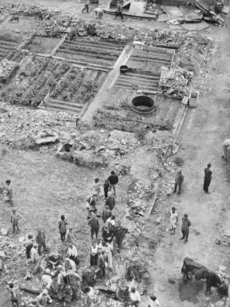 Top down shot of damage in Tokyo during World War II