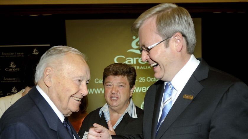 Actor Charles 'Bud' Tingwell speaks with Prime Minister Kevin Rudd at the launch of Carers' Week, 2008.