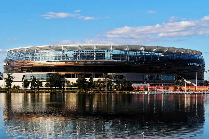 Perth Stadium with the Swan River in the foreground.
