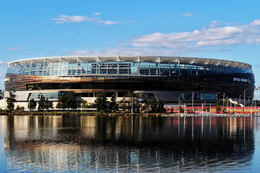 Perth Stadium with the Swan River in the foreground.