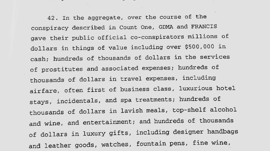 A document detailing the services and bribes conducted by GDMA and Francis Leonard.