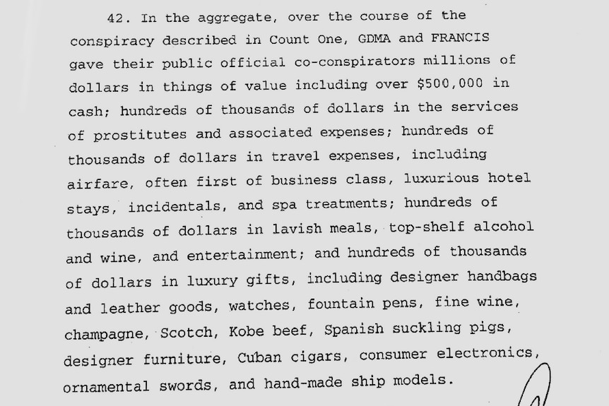 A document detailing the services and bribes conducted by GDMA and Francis Leonard.